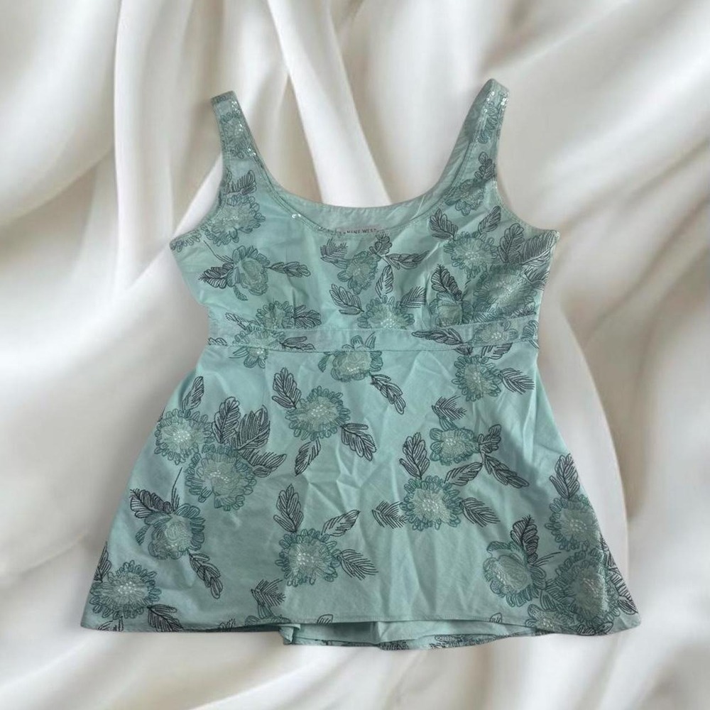 Nine West teal blue floral beaded babydoll tie back top y2k vintage fairy
